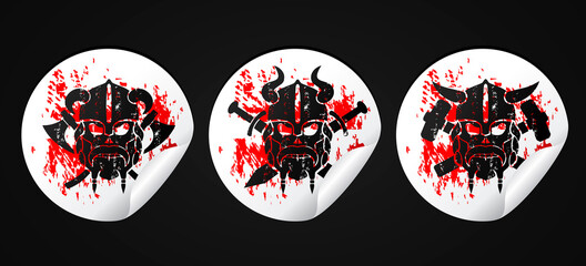 White stickers set with black viking skull icon on a grunge style