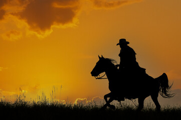 Fototapeta na wymiar Cowboy galloping across hill against dawn sky