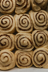 Uncooked cinnamon roll buns ready to bake. Baking food. Breakfast pastry. Cinnamon buns. Spices, sugar. Holiday winter comfort food. Festive food. Closeup flat lay. Baking tray. Oven ready. uncooked