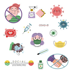 Covid-19 coronavirus stickers big vector set.