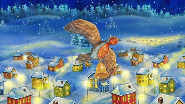 Watercolor snowy background. Bird with Christmas bells. Greeting card with winter Landscape. Merry Christmas and Happy New Year. 2021