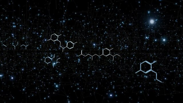 Chemical hexagon molecules and animated glow dots on dark black abstract background.
