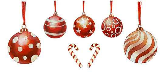 Christmas collection of balls for a Christmas tree. Decoration for the holiday in watercolor. Hand painted watercolor iluustration. Vector elements isolated on white background