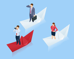 Leadership concept. Red leader paper ship leading among others on blue background.