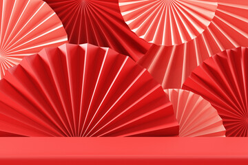 Chinese new year, Podium display mockup on pink abstract background with red hand paper fan, Stage for product minimal presentation, 3d rendering.