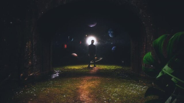 Man Looking Solar System Planets From Earth Edge. Man standing under an arch looking to planets in the solar system. Zoom In