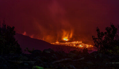 The erupting volcano in Hawaii Volcanoes National Park. Big Island Hawaii.