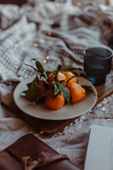 Cozy winter vibes. Christmas lights, mandarins, book. In bed. Christmas holiday. Flat lay moody photo. Cozy comfort bed near window. Pillows, blanket. Orange fruits, ornaments. Soft warm tones.