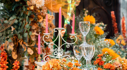 Set for lighting candles and pouring champagne