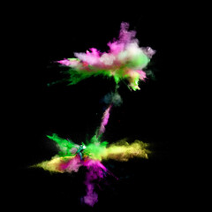 Multi colors of powder paint explode in front of a black background to give off fantastic abstract forms of powder paint.