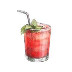 Mojito cocktail with straw, slice strawberry and mint leaf. Vintage hatching