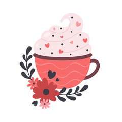 Valentine's Day hot drink. Coffee cup with cream, hearts and flowers. Vector illustration.