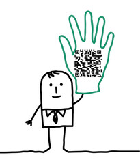 Cartoon Man showing OR code in his raised Hand