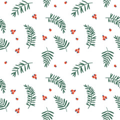 Obraz premium Illustration of a seamless pattern from the branches of mountain ash, berries, botanical elements. Suitable for winter holidays and natural botanical motives. White background.