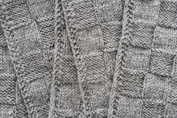 Gray knitted wool pattern texture background. Handmade Knitwear.