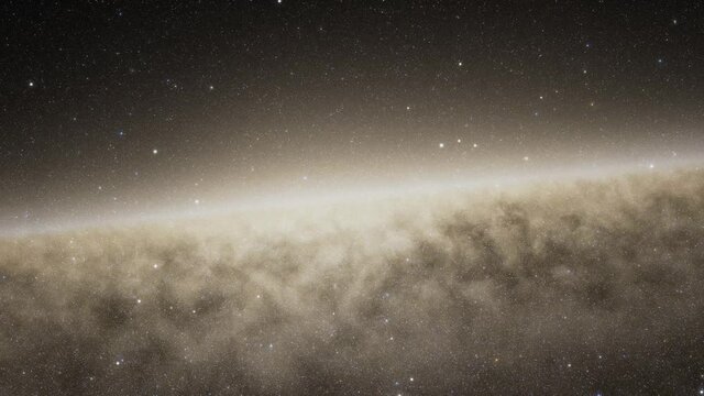 Spaceship flies at the speed of light through a galaxy in space. Billions of stars in the Milky Way or Andromeda galaxy. Highly detailed 4k cinematic animation of space