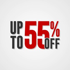 Special offer up to 55 percent discount, Banner template design with red text isolated on white background, special offer sales promotion. vector template illustration