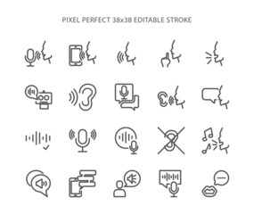 Simple set of voice related vector line icons. Flat, digital icon set for web and mobile. Pixel Perfect 38x38 Editable Stroke.