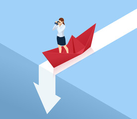 Fototapeta premium Down arrow chart and business woman having money troubles. Misdirection in business, mistakes in business, failure. Business fail, investment failure, unpaid bills and loan debts, financial problems.