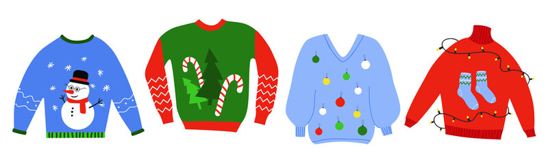 Ugly Christmas sweater isolated on white background. Collection of knitted winter jumpers for the New Year's party. Hand drawn doodle, vector 10ps. X-mas decor