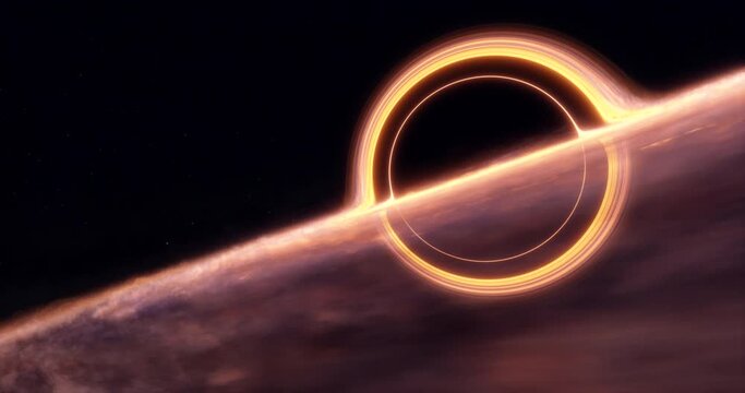 Black hole with lensing effect and accretion disk. Stars background.