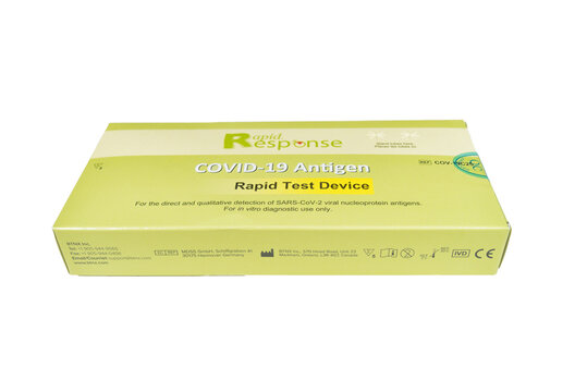 Montreal, Quebec, Canada - December 20, 2021: A box of Quebec approved Rapid Response Covid-19 Antigen rapid test device.