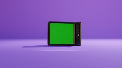 old retro handheld game console with green screen instead of screen on illuminated background 3d...