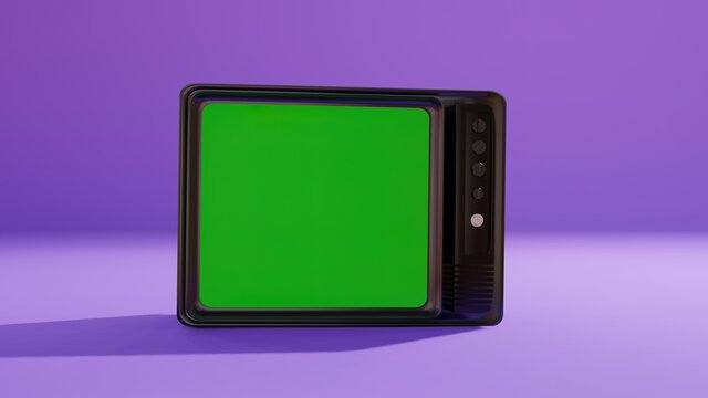 old retro television with a green screen instead of a screen on a blue background.3d illustration of a television From the 90s