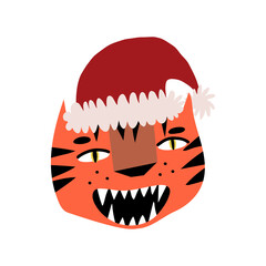 Funky tiger in Santa's hat, cute symbol of the New 2022 year in Santa Claus's headwear. 