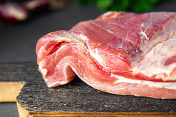 Belly pork meat fresh bacon meat layer of lard fat meal food snack copy space food background rustic 