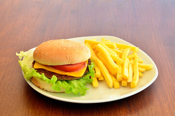 cheese burger with fried potatoes