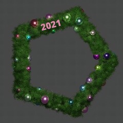 green coniferous christmas wreath with colorful ornaments 3d illustration