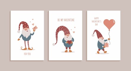 Set of three greeting cards for Valentine's day with cute gnomes.  Love, romantic relationship, Valentine's day concept. Vector illustration in trendy scandinavian style.
