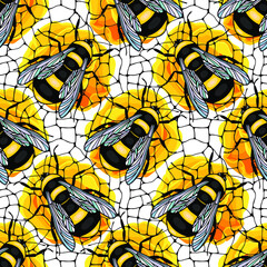 Bumblebee insect seamless pattern and rose flowers. eps10 vector stock illustration