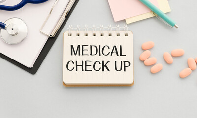 closeup of a showing a signboard with the text medical check up written in it - obrazy, fototapety, plakaty