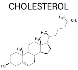 Cholesterol molecule. Essential component of cell membranes and precursor of steroid hormones, bile acids and vitamin D. Skeletal formula.