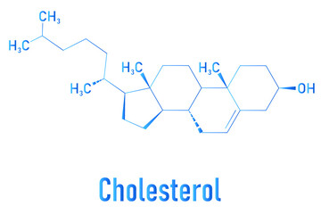 Cholesterol molecule. Essential component of cell membranes and precursor of steroid hormones, bile acids and vitamin D. Skeletal formula.