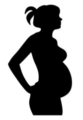 Silhouette of a mother with a belly. Black silhouette of a woman with a child. Pregnant. Shadow mom
