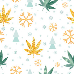 Golden pine and cannabis leaves and snowflakes. Christmas background for party or gifts. Decorates texture of watercolors. Vector