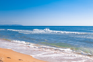 Beautiful blue sea with a wave on a summer day. Natural background of nature, seascape