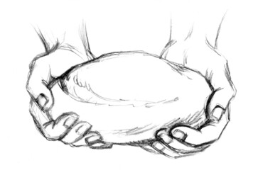 Hands are holding bread. Pencil drawing