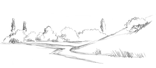 Rural summer scene. Pencil sketch