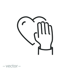 passion honesty icon, promise truth, hand with heart, solidarity concept, thin line symbol - editable stroke vector illustration