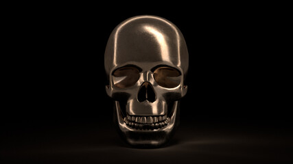 3d render, golden skull on a black background fear of death