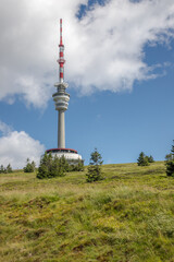 Fototapeta premium television transmitter with a lookout tower on a mountain ridge