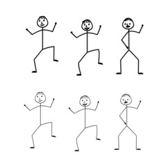 Funny cartoon hand-drawn men, pictograms of figures of dancing people isolated on a white background