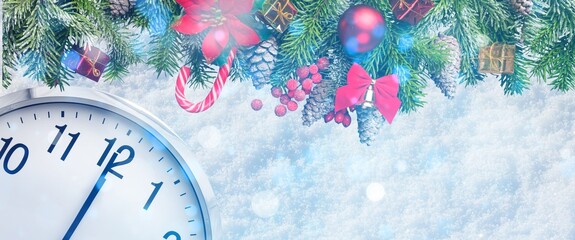 Countdown to midnight. Clock counting last moments before Christmas or New Year 2021 next to decorated fir tree.