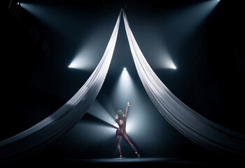 Beautiful circus artist with white aerial silks perform on the stage. Show, art and performance concept