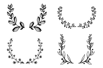 Round decorative frame with botanical elements, leaves. Stylized vector graphics.