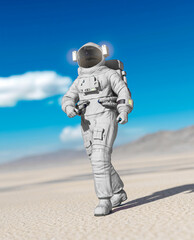 astronaut is walking alone in the desert of another planet after rain